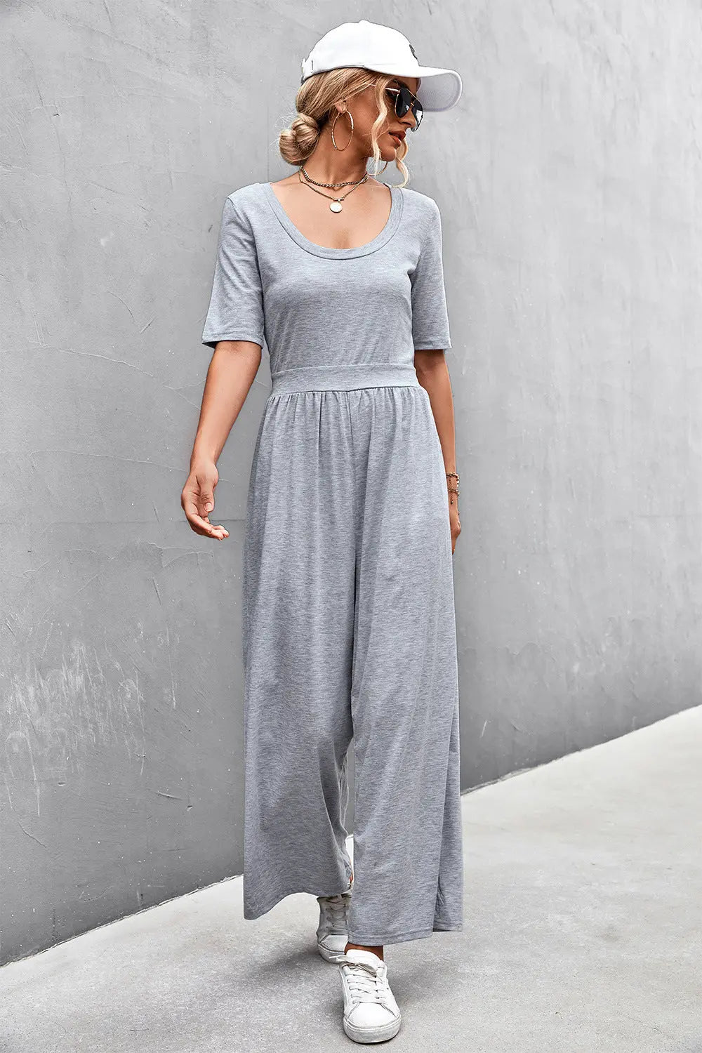 Scoop Neck Half Sleeve Wide Leg Jumpsuit Trendsi