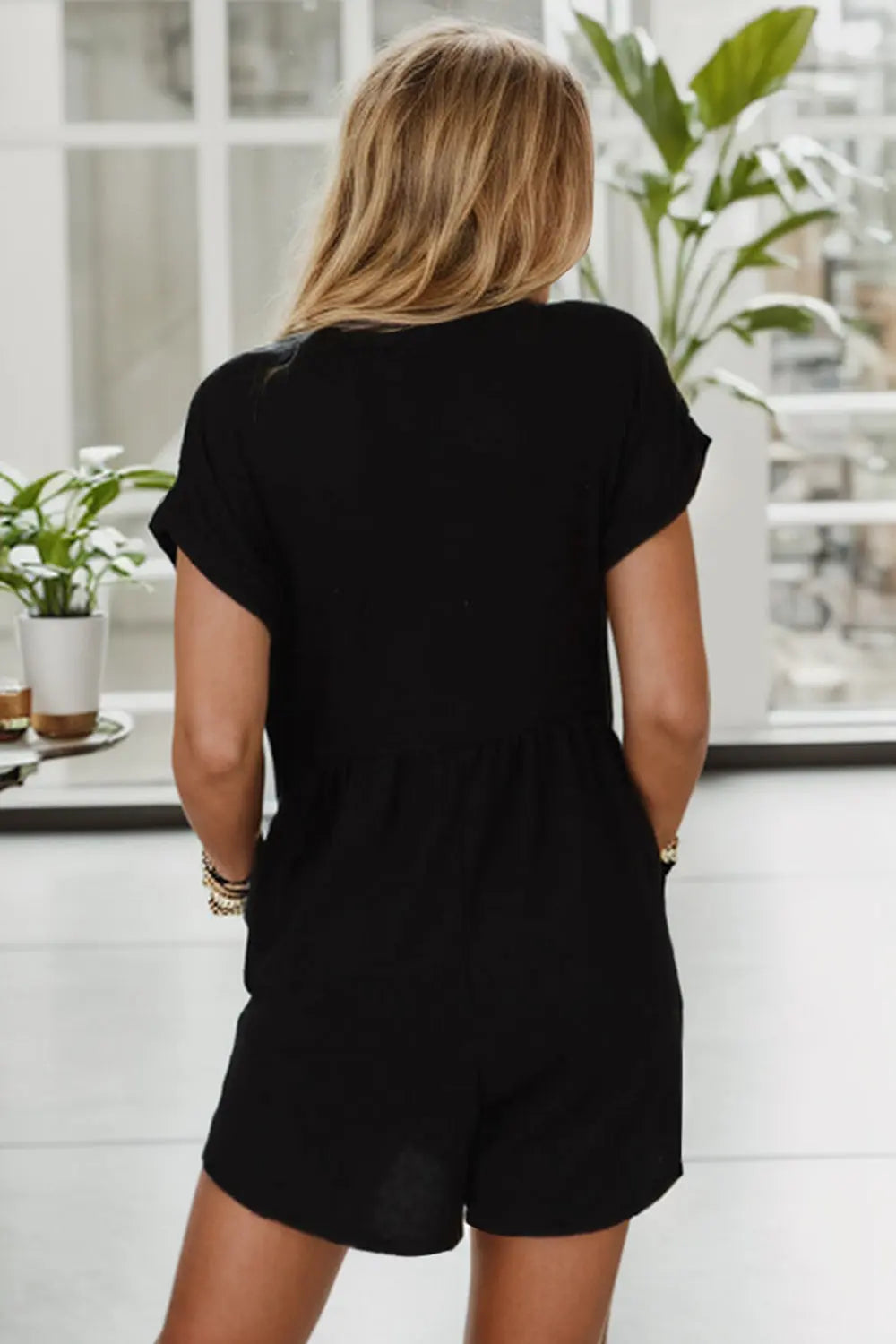 Pocketed V-Neck Short Sleeve Romper Trendsi