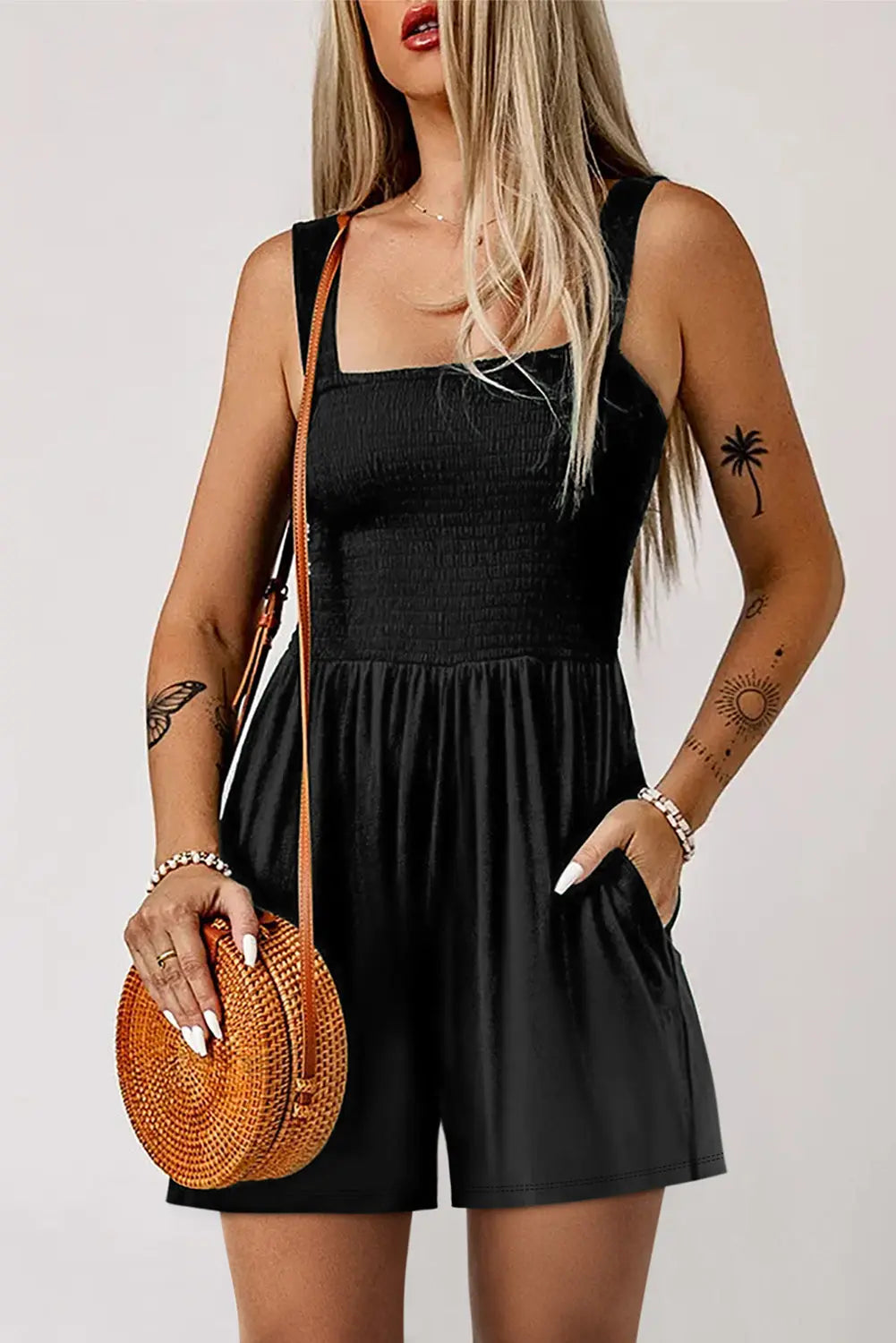 Square Neck Smocked Romper with Pocket Trendsi