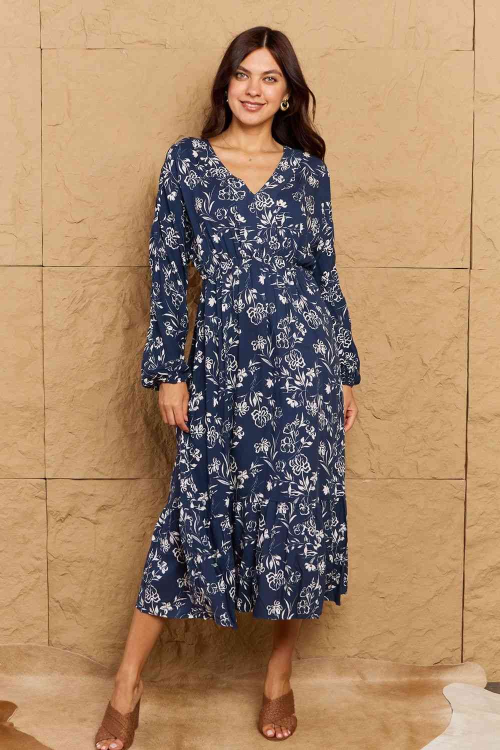  Night Out Full Size Balloon Sleeve Floral Midi Dress -BazaarBey - www.shopbazaarbey.com