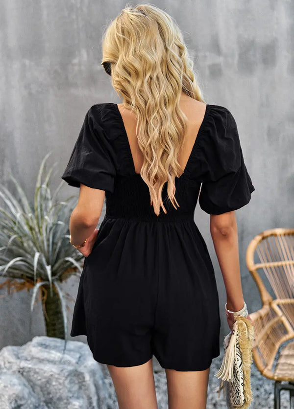 Square Neck Short Sleeve Smocked Romper Trendsi