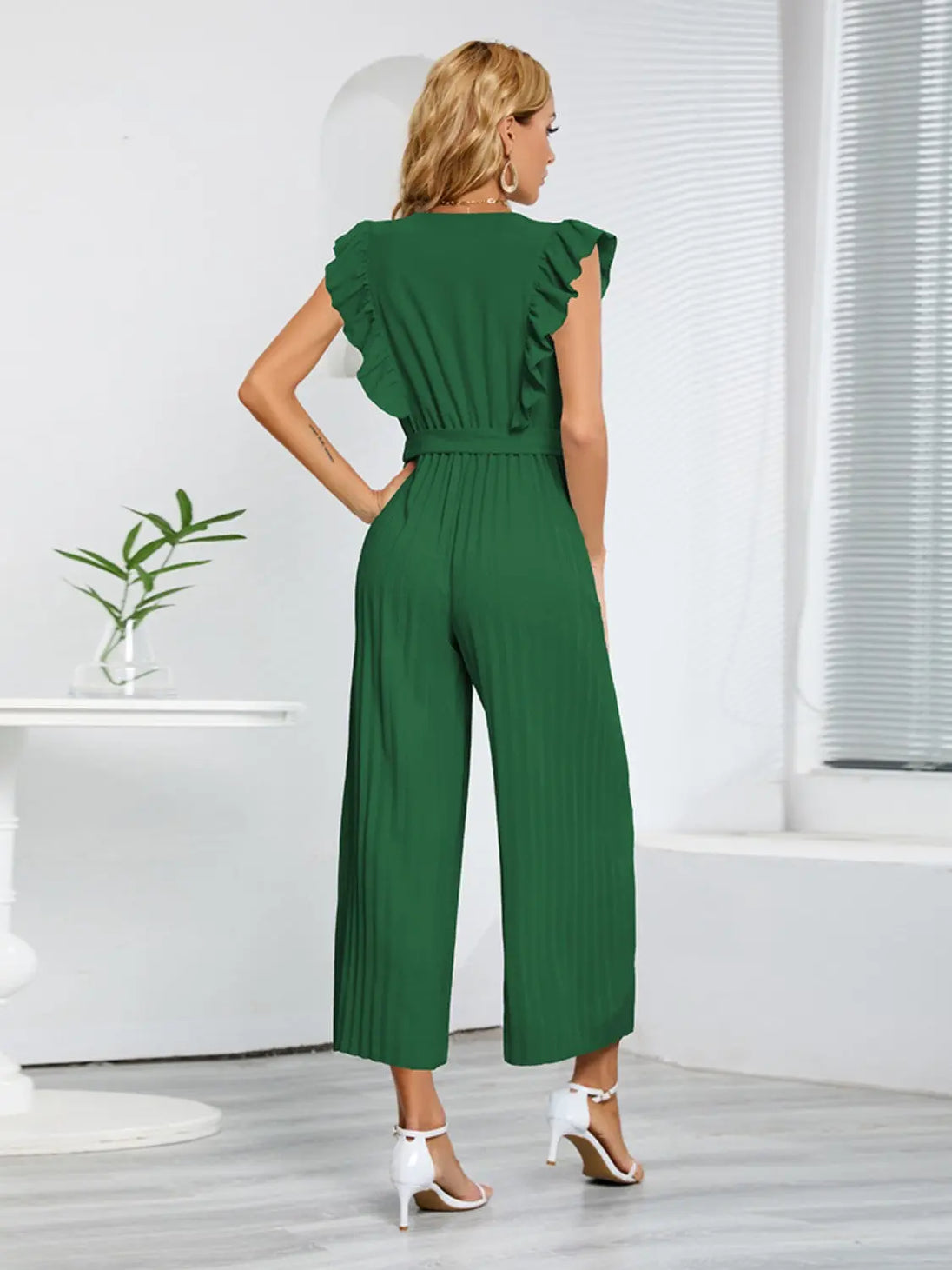 Ruffled Surplice Cap Sleeve Jumpsuit Trendsi
