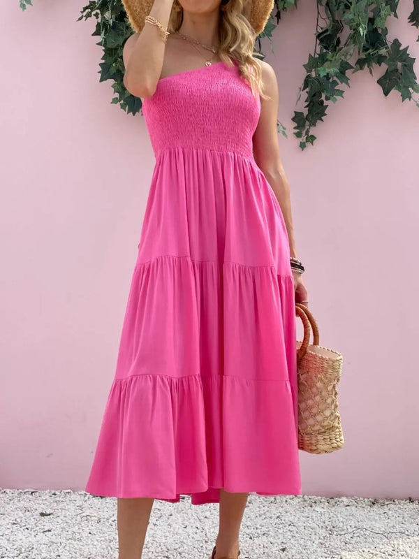 Smocked Single Shoulder Sleeveless Dress -BazaarBey - www.shopbazaarbey.com
