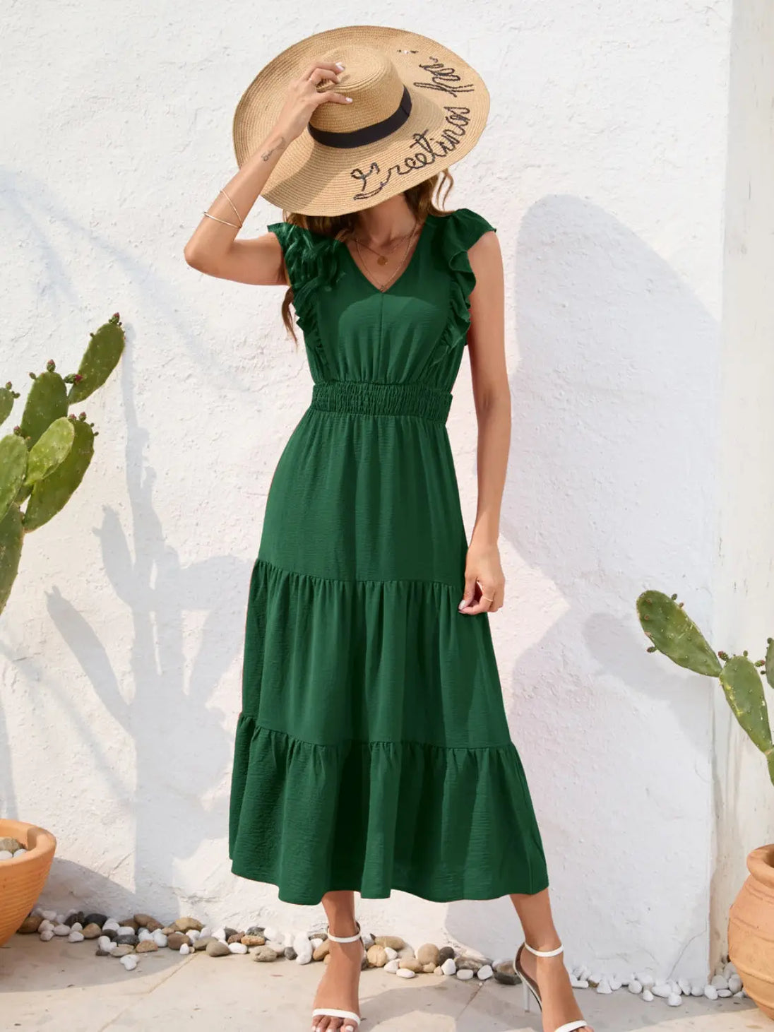 Tiered Ruffled V-Neck Cap Sleeve Dress -BazaarBey - www.shopbazaarbey.com