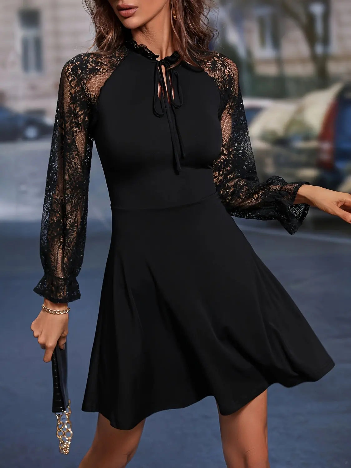Lace Tie Neck Flounce Sleeve Dress -BazaarBey - www.shopbazaarbey.com