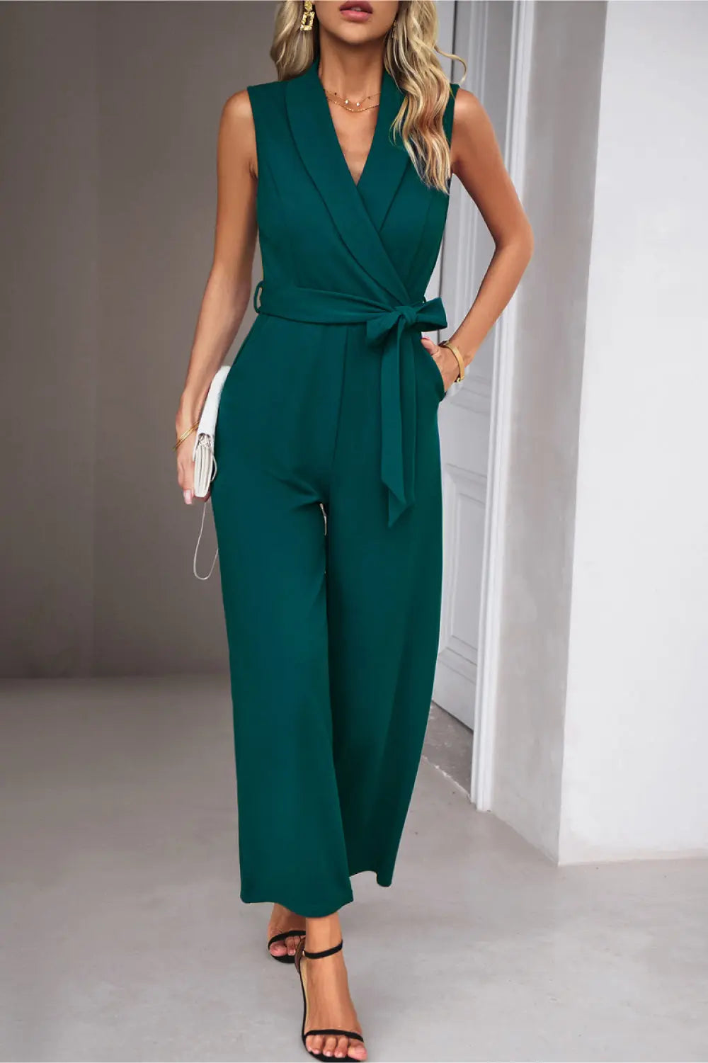 Tie Waist Shawl Collar Sleeveless Jumpsuit Trendsi