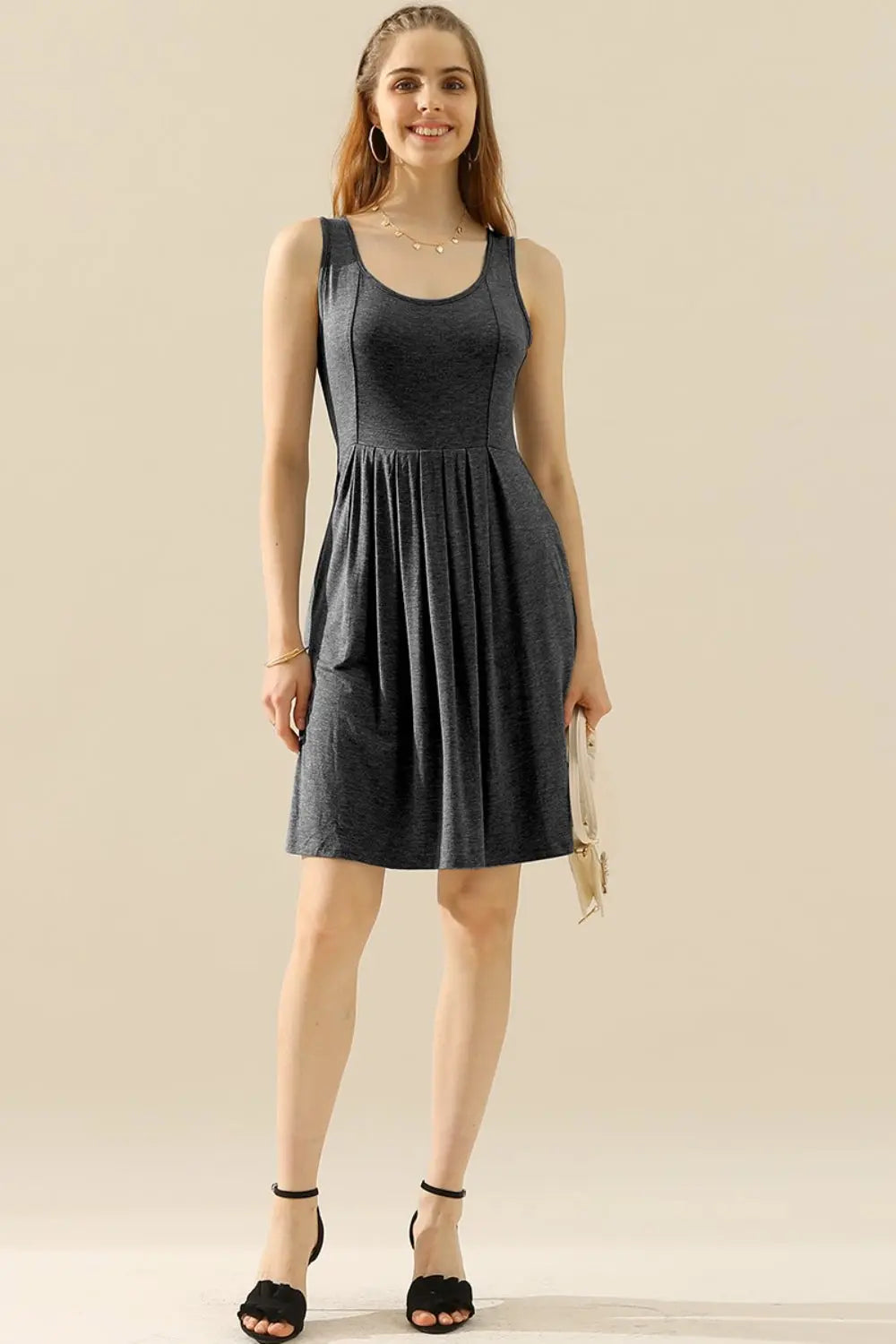  Full Size Round Neck Ruched Sleeveless Dress with Pockets -BazaarBey - www.shopbazaarbey.com