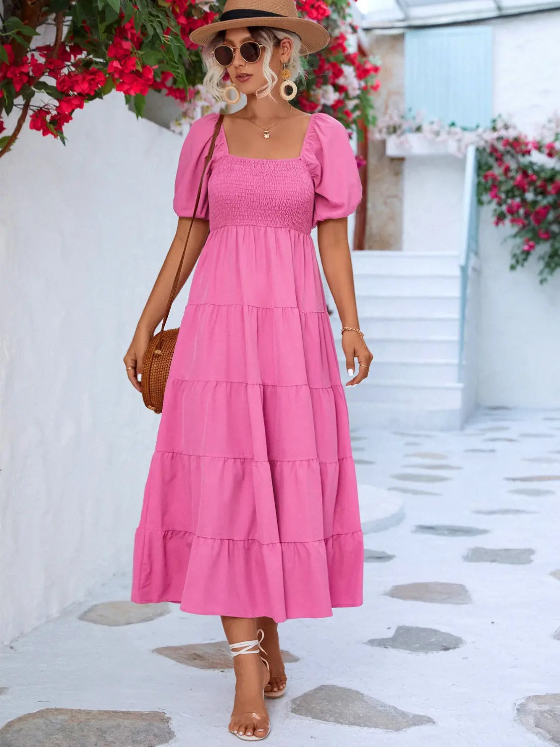 Tiered Smocked Short Sleeve Dress -BazaarBey - www.shopbazaarbey.com