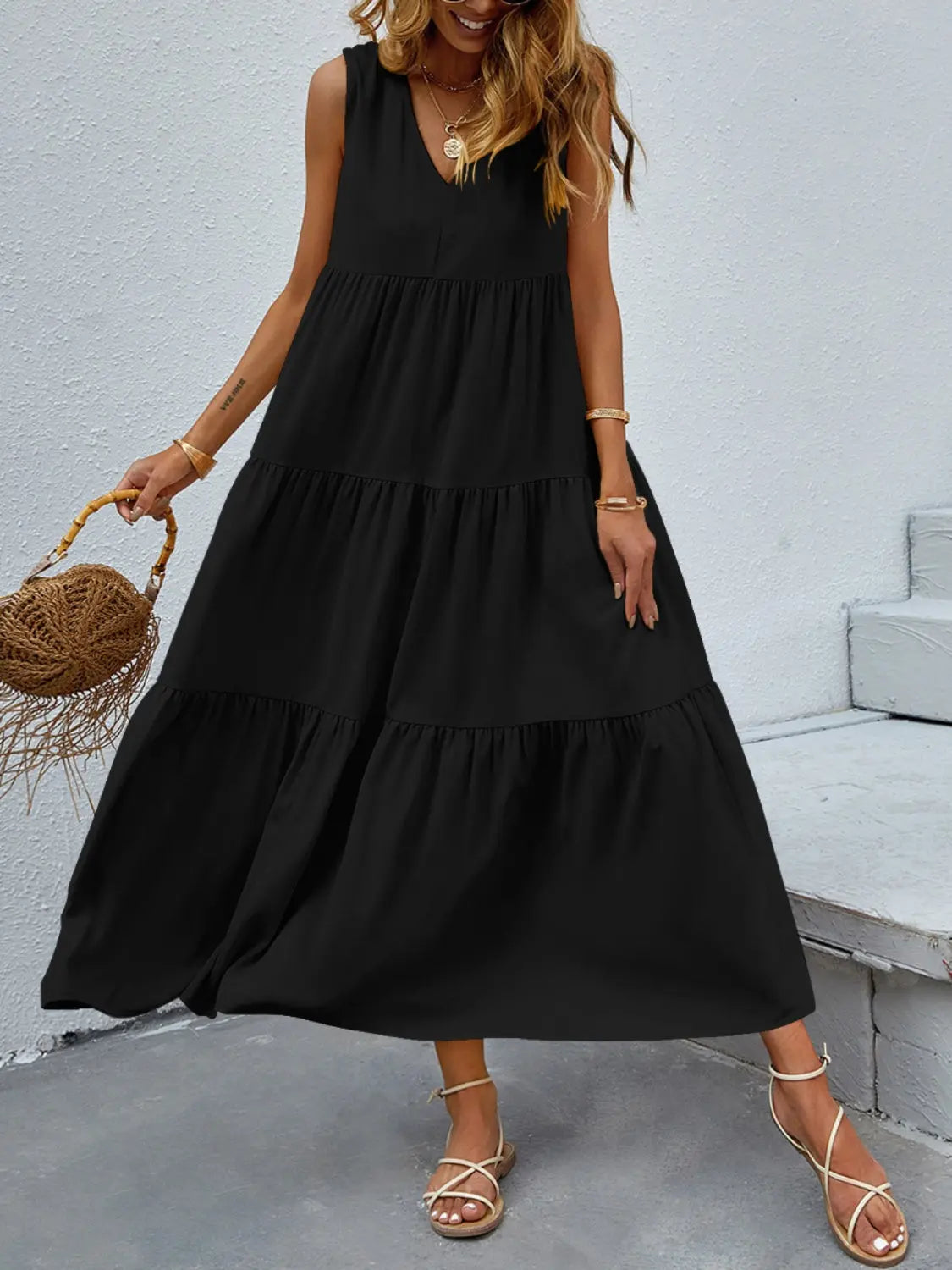 Tiered V-Neck Sleeve Dress -BazaarBey - www.shopbazaarbey.com