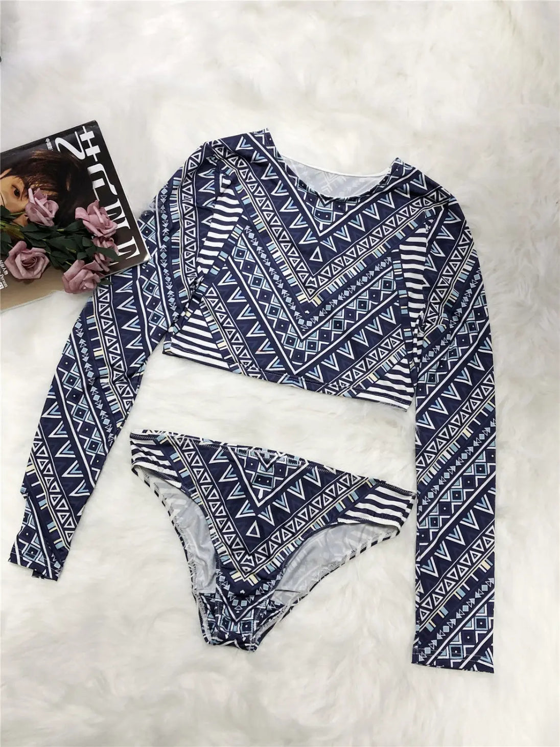 Printed Long Sleeve Top and Brief Swim Set Trendsi