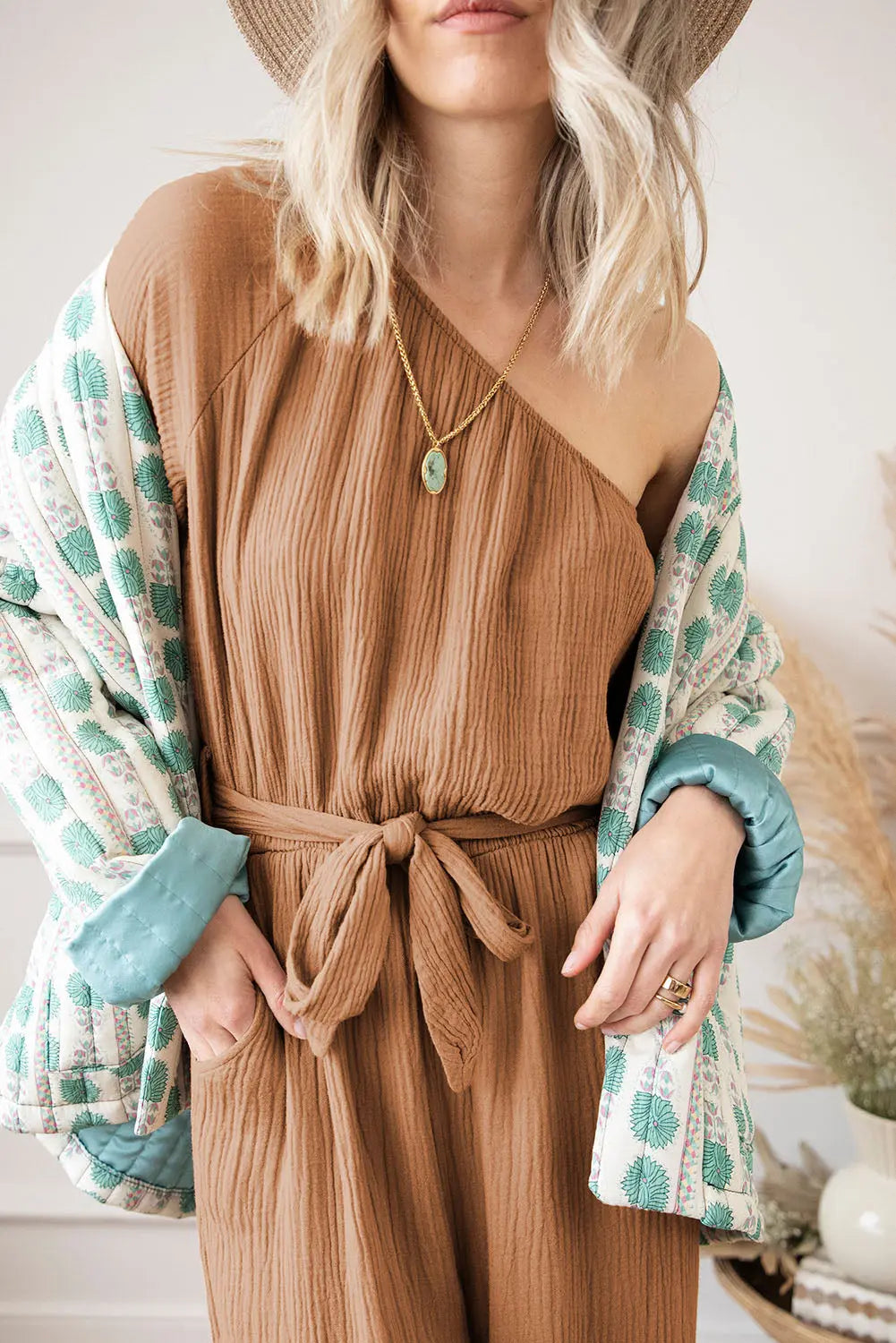 Texture Single Shoulder Tie-Waist Jumpsuit Trendsi