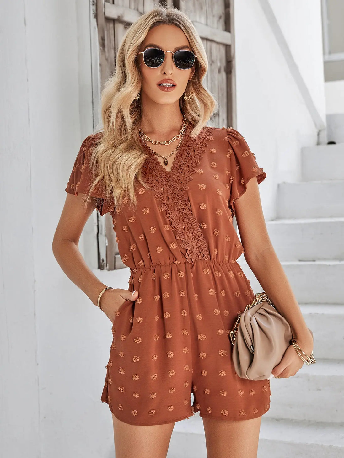 Swiss Dot  Trim Flutter Sleeve Romper with Pockets Trendsi