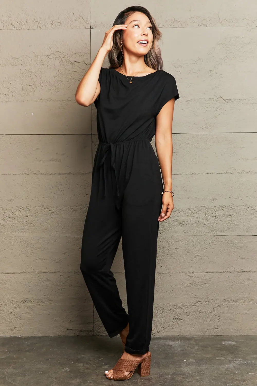 Boat Neck Short Sleeve Jumpsuit with Pockets Trendsi