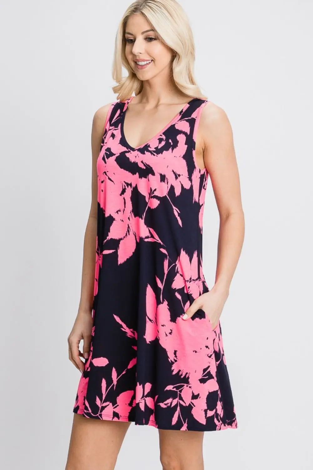  Full Size Floral V-Neck Tank Dress with Pockets -BazaarBey - www.shopbazaarbey.com