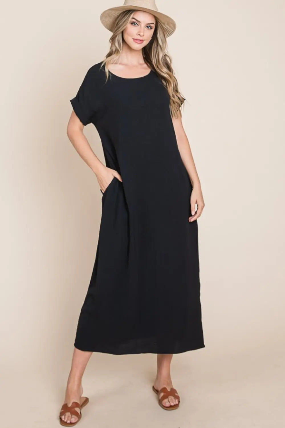  Round Neck Short Sleeve Midi Dress with Pockets -BazaarBey - www.shopbazaarbey.com