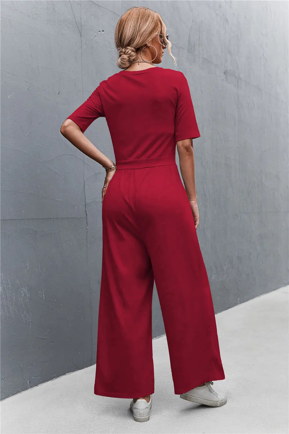 Scoop Neck Half Sleeve Wide Leg Jumpsuit Trendsi