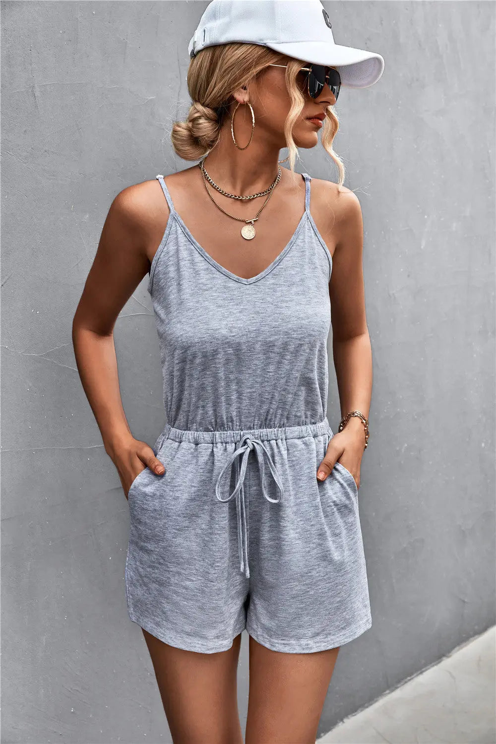 Spaghetti Strap V-Neck Pocket Romper Trendsi