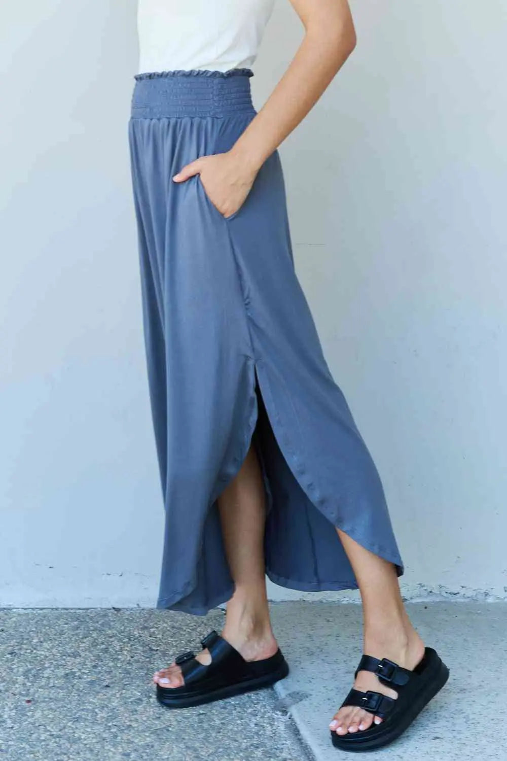  Comfort Princess Full Size High Waist Scoop Hem Maxi Skirt in Dusty Blue 