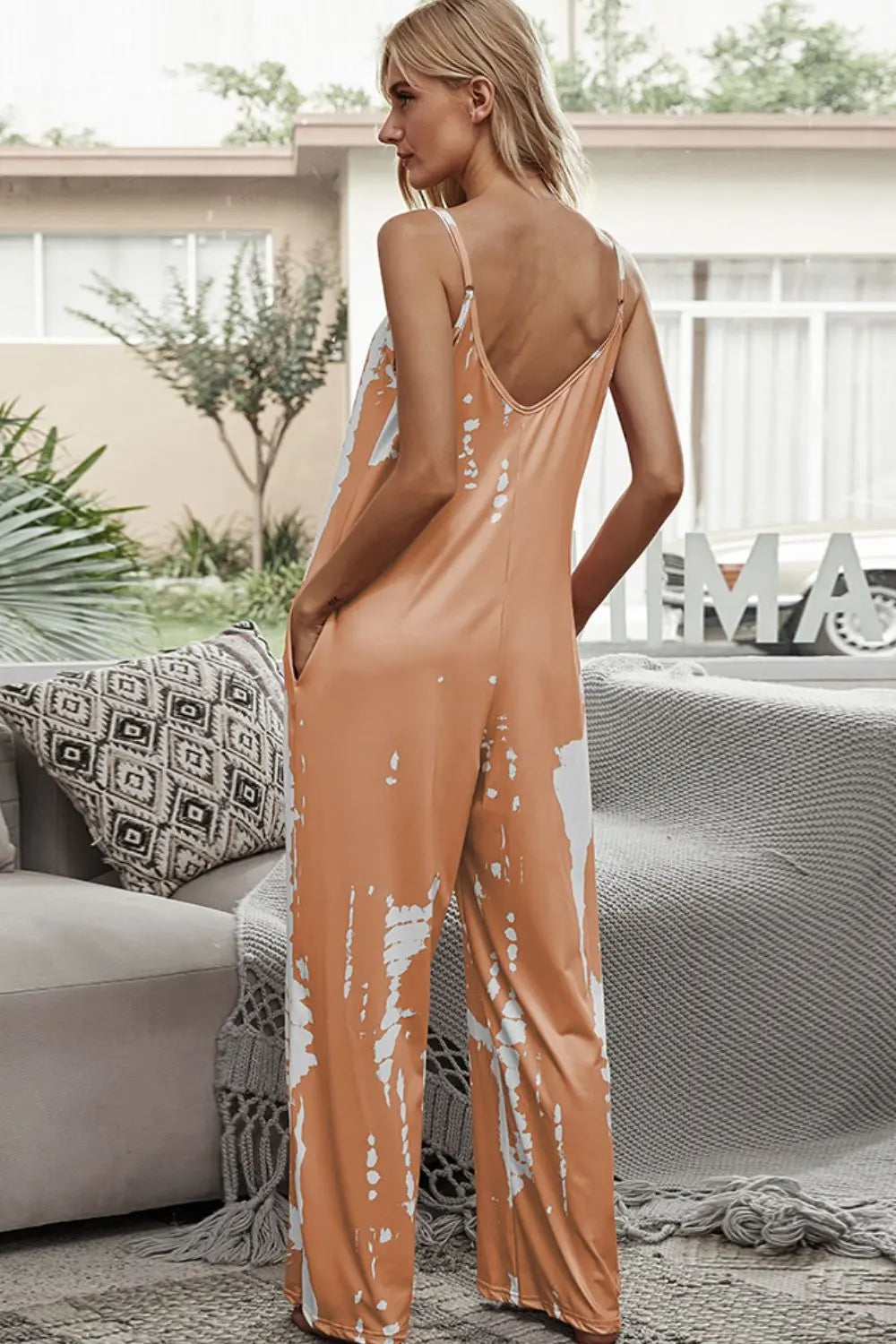Tie-Dye Spaghetti Strap Jumpsuit with Pockets Trendsi