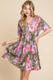  Flower Print V-Neck Ruched Dress -BazaarBey - www.shopbazaarbey.com
