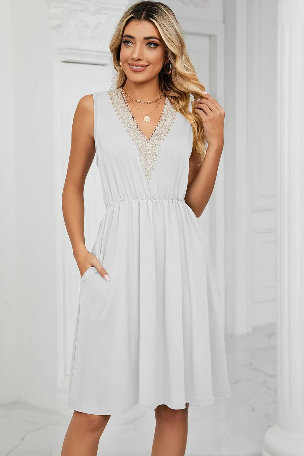 Pocketed V-Neck Wide Strap Dress -BazaarBey - www.shopbazaarbey.com