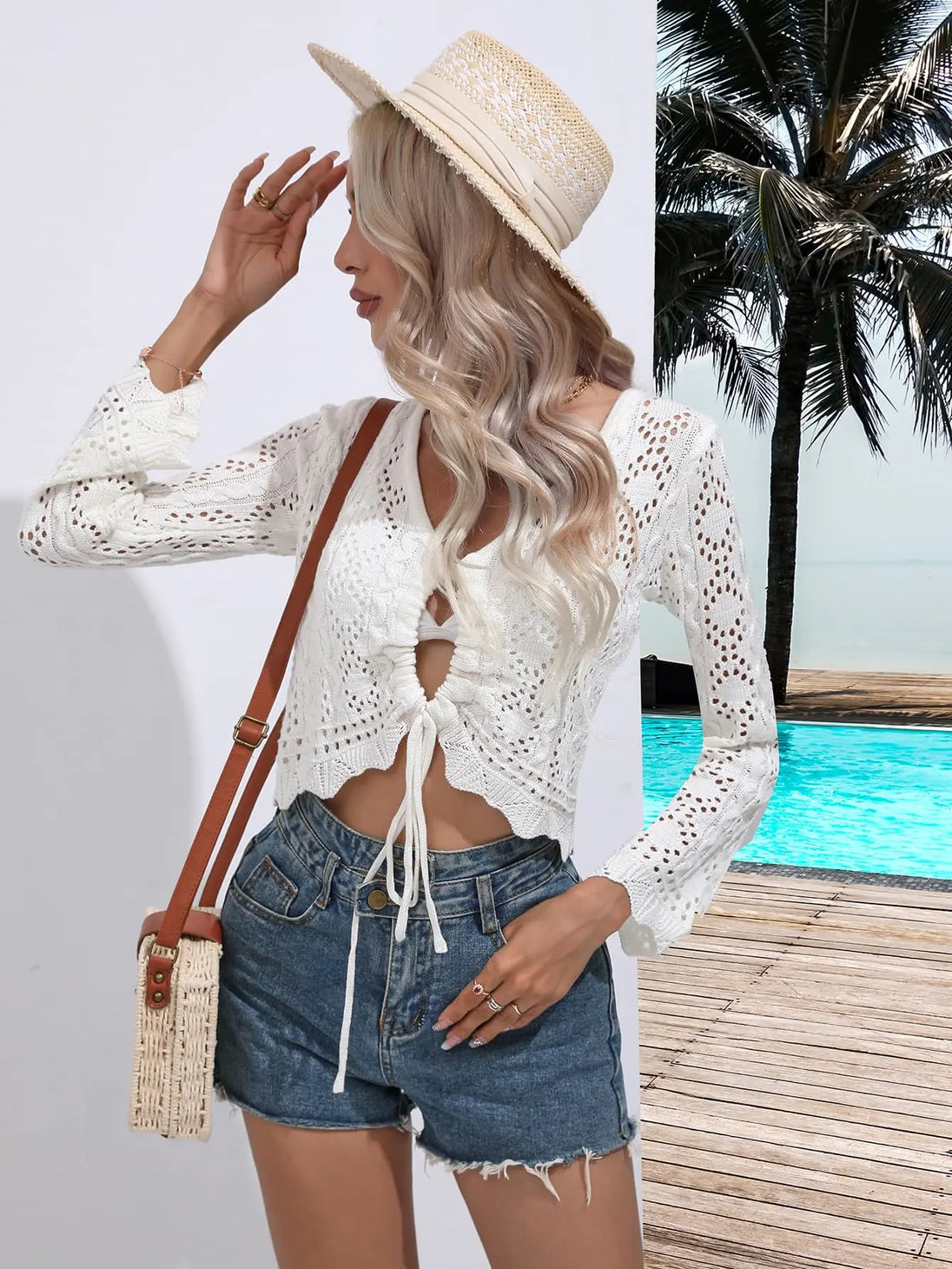 Drawstring V-Neck Long Sleeve Cover Up Trendsi