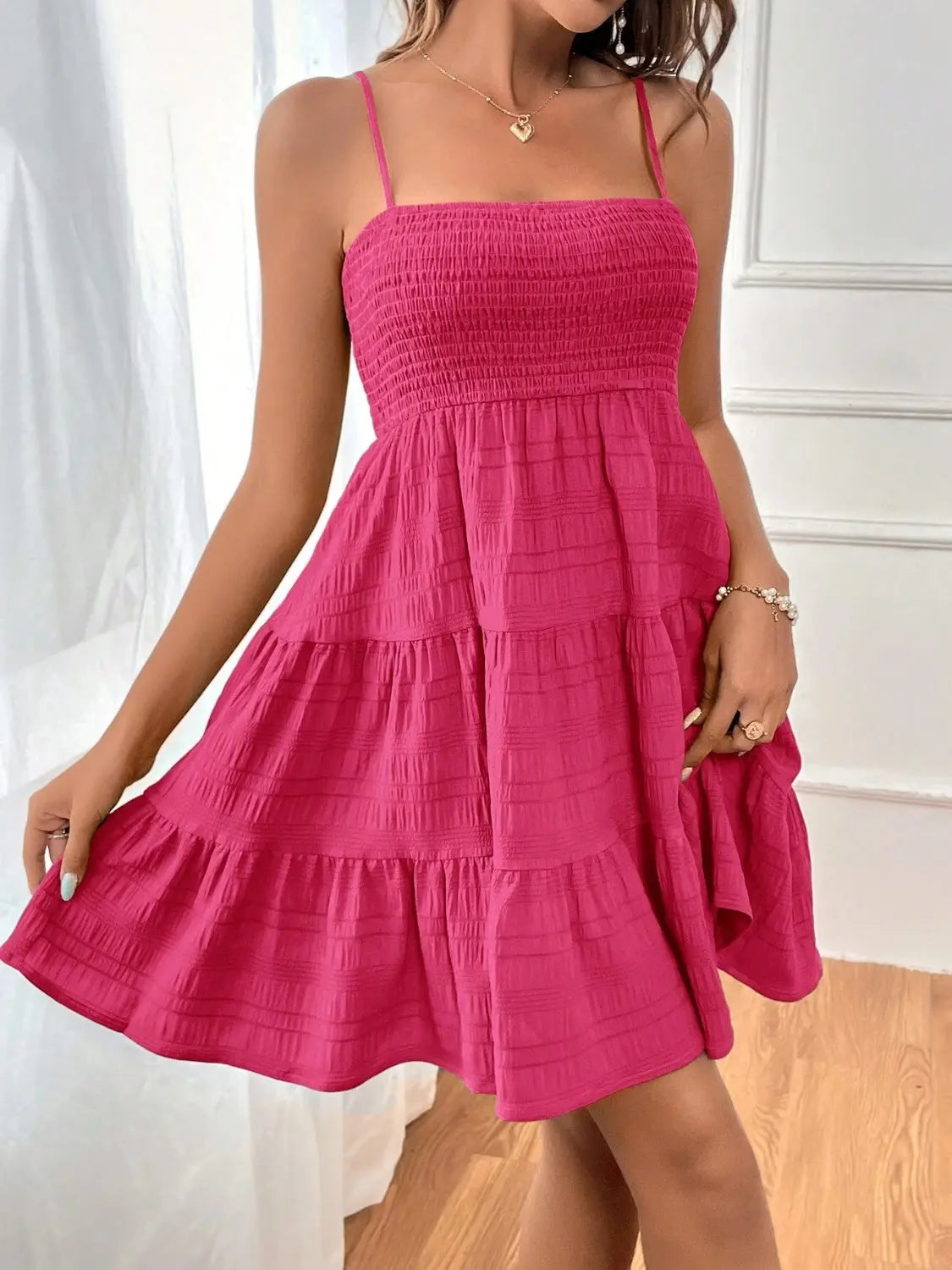 Smocked Tiered Sleeveless Mini Dress -BazaarBey - www.shopbazaarbey.com