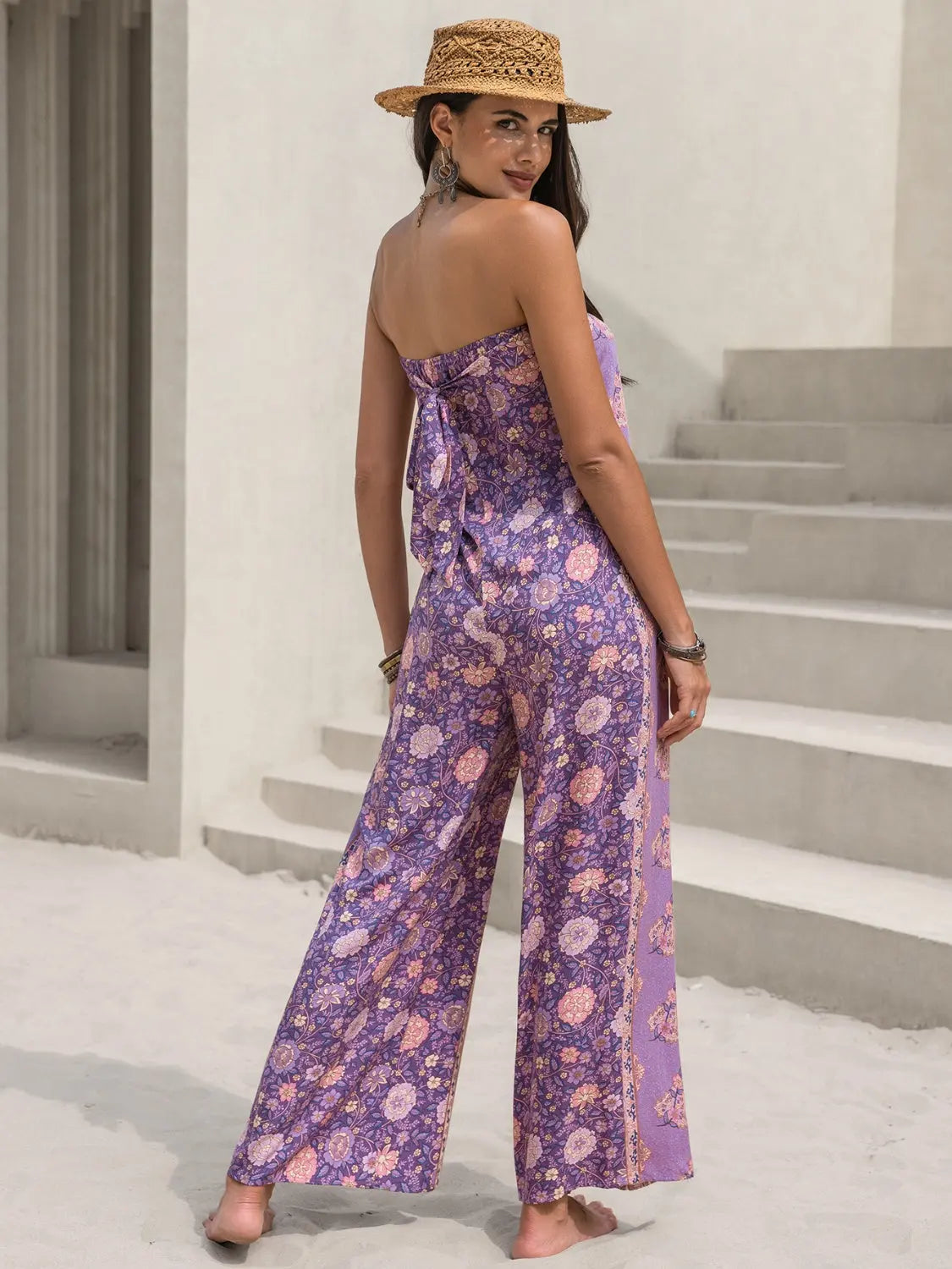 Tied Printed Tube Wide Leg Jumpsuit Trendsi