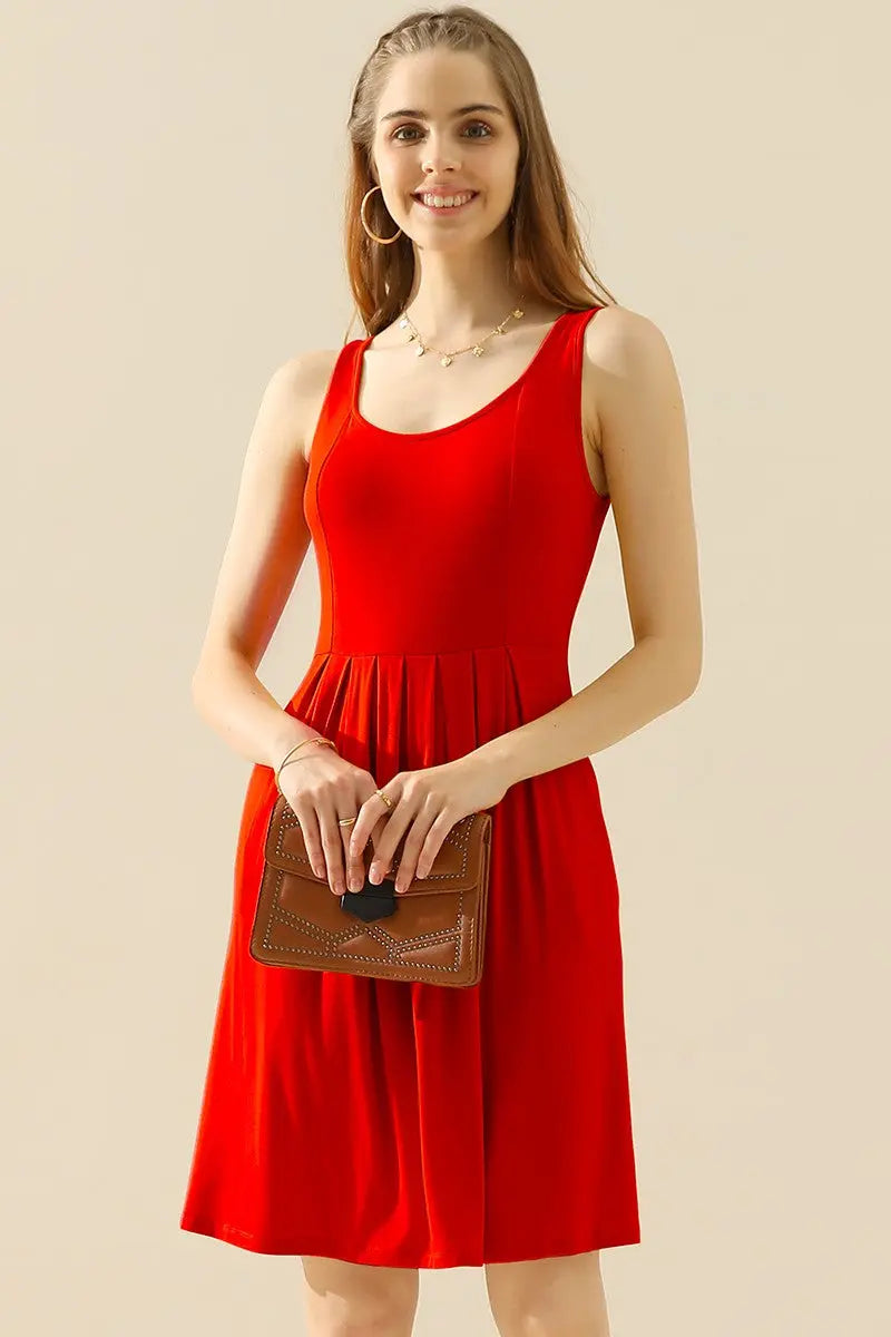  Full Size Round Neck Ruched Sleeveless Dress with Pockets -BazaarBey - www.shopbazaarbey.com