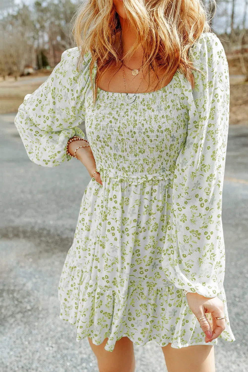 Smocked Floral Square Neck Balloon Sleeve Dress -BazaarBey - www.shopbazaarbey.com