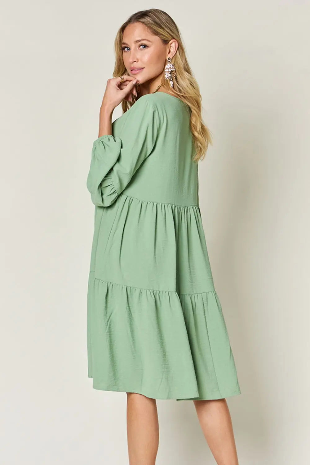  Full Size V-Neck Balloon Sleeve Tiered Dress -BazaarBey - www.shopbazaarbey.com