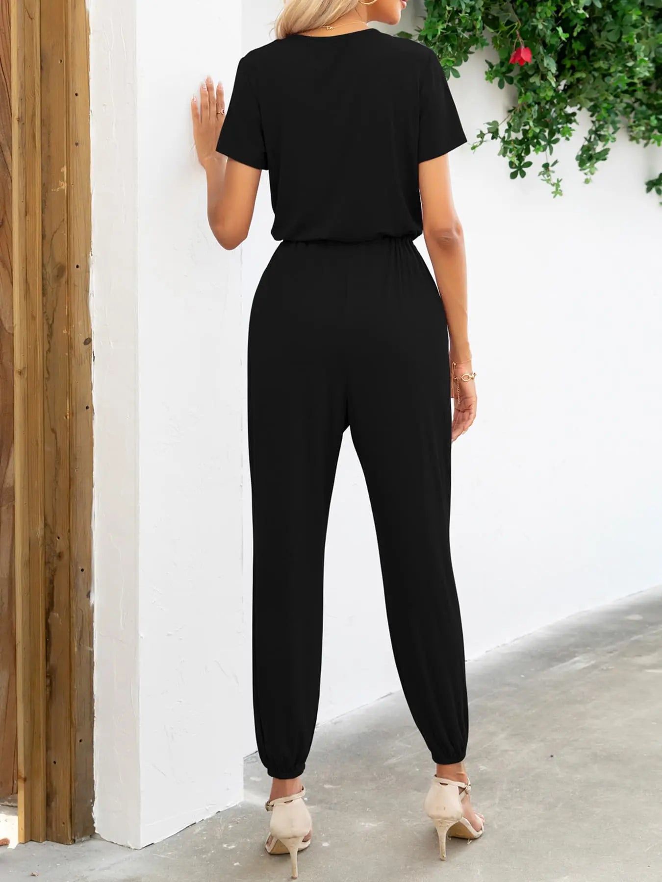 Short Sleeve V-Neck Jumpsuit with Pockets Trendsi
