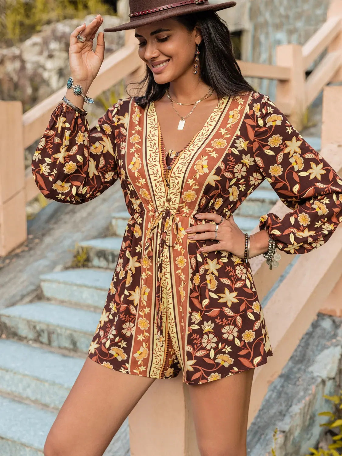V-Neck Long Sleeve Romper Trendsi