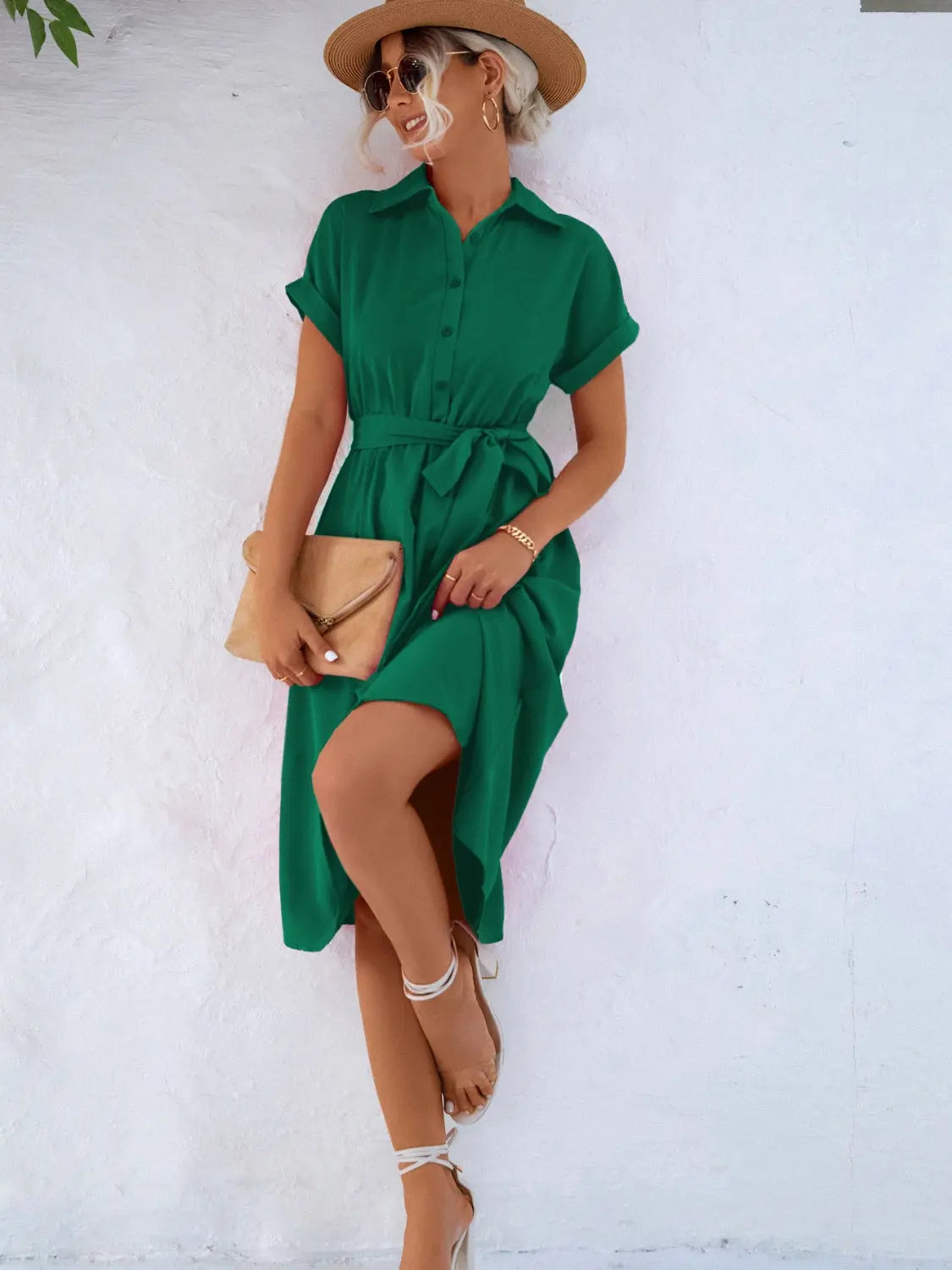Buttoned Tie Waist Short Sleeve Dress -BazaarBey - www.shopbazaarbey.com