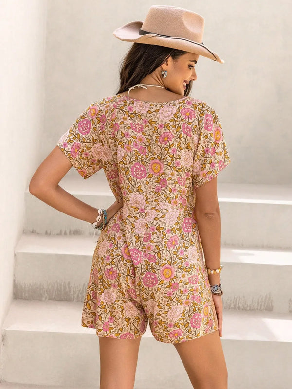 Tied Printed Short Sleeve Romper Trendsi