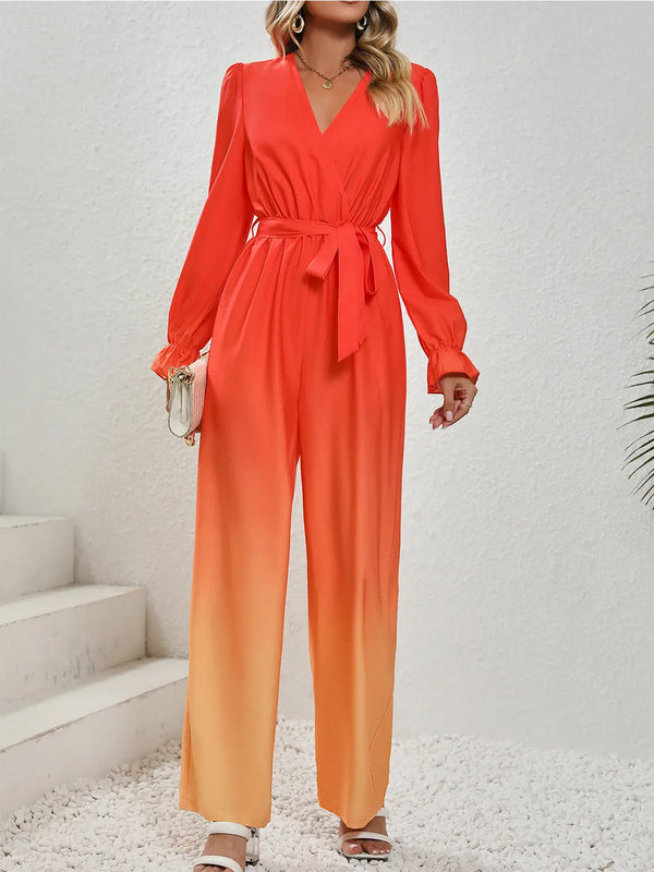 BazaarBey Gradient Tie Front Flounce Sleeve Jumpsuit 