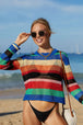 Rainbow Stripe Openwork Long Sleeve Cover-Up Trendsi