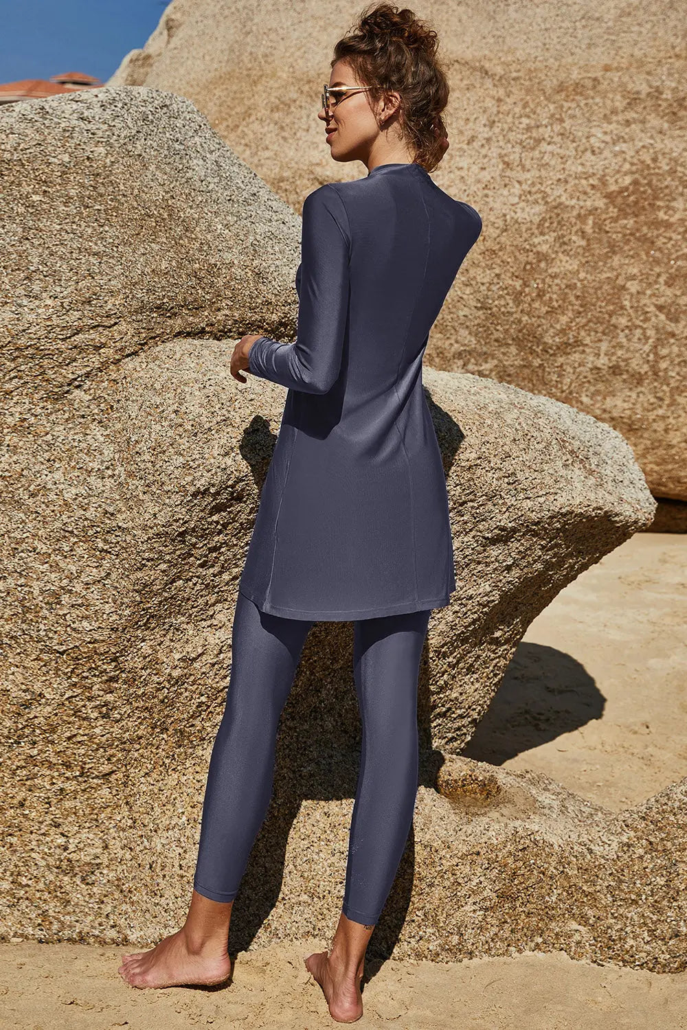 Slit Mock Neck Long Sleeve Top and Pants Swim Set Trendsi