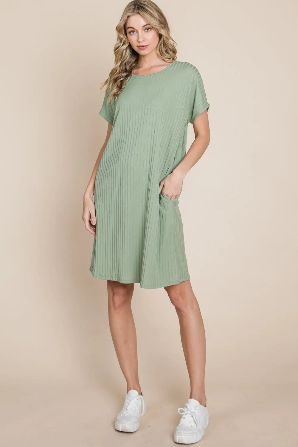  Ribbed Round Neck Short Sleeve Dress -BazaarBey - www.shopbazaarbey.com