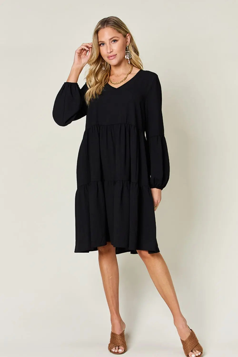  Full Size V-Neck Balloon Sleeve Tiered Dress -BazaarBey - www.shopbazaarbey.com