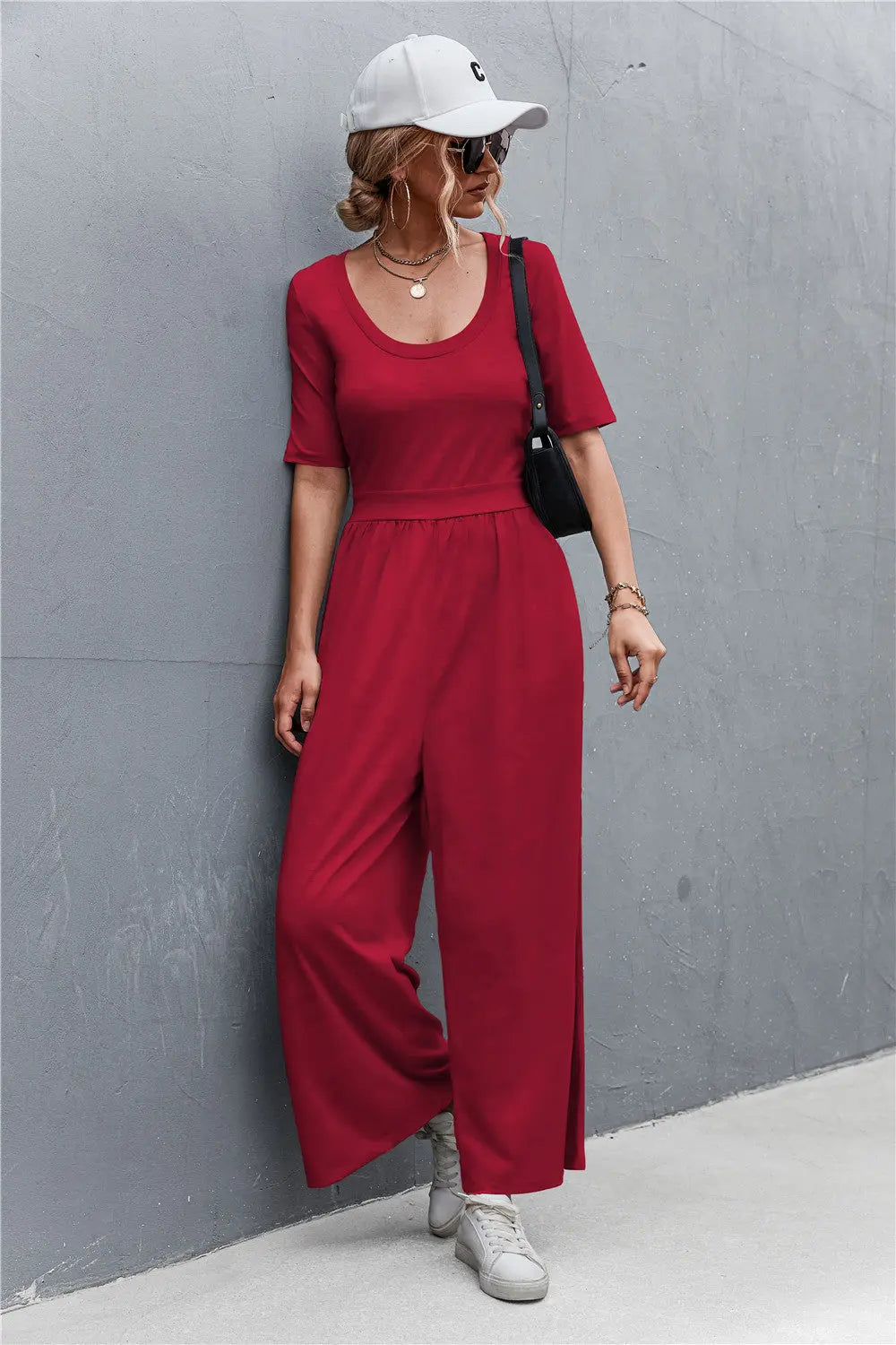 Scoop Neck Half Sleeve Wide Leg Jumpsuit Trendsi