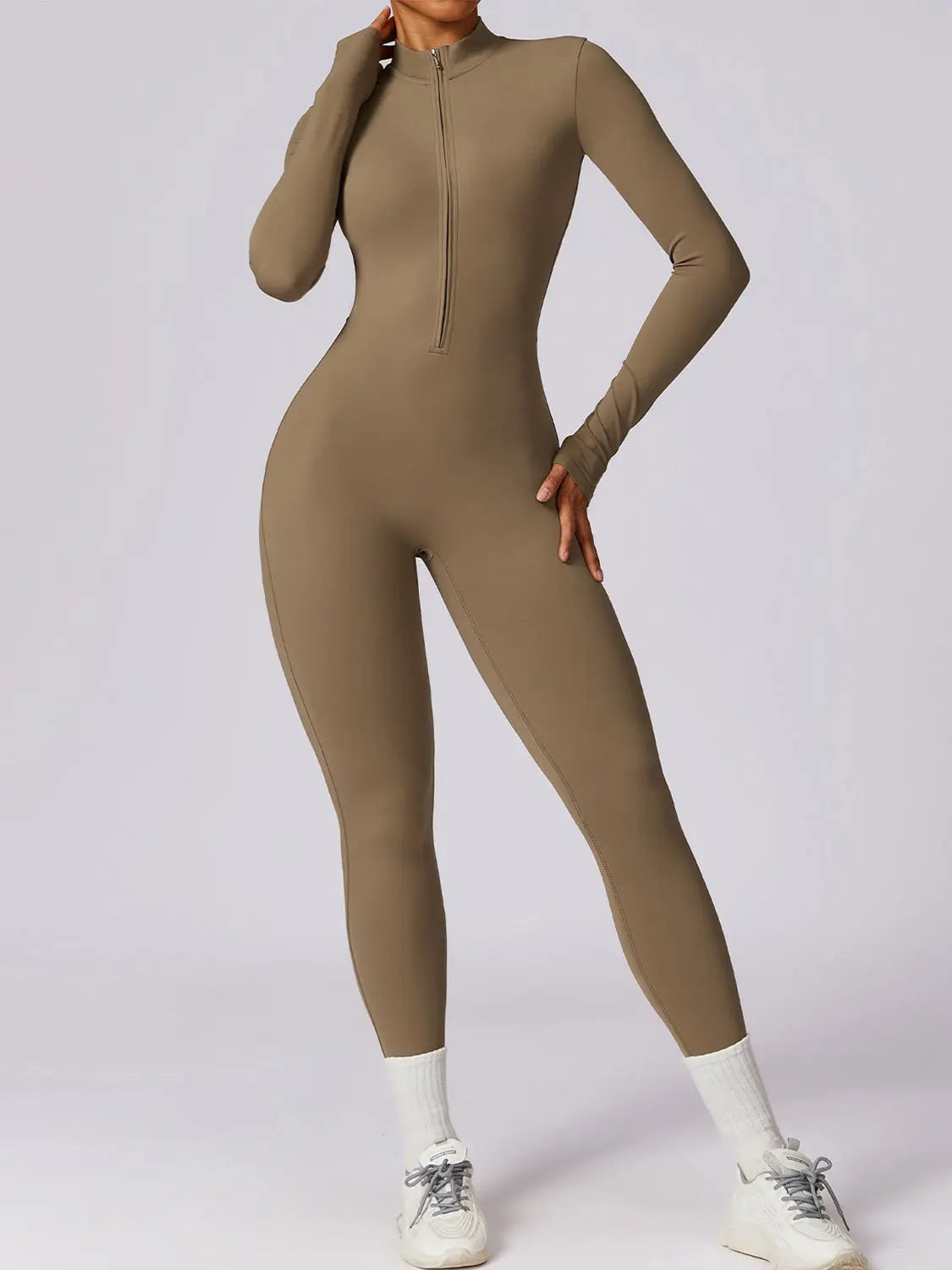 Zip Up Mock Neck Long Sleeve Jumpsuit Trendsi