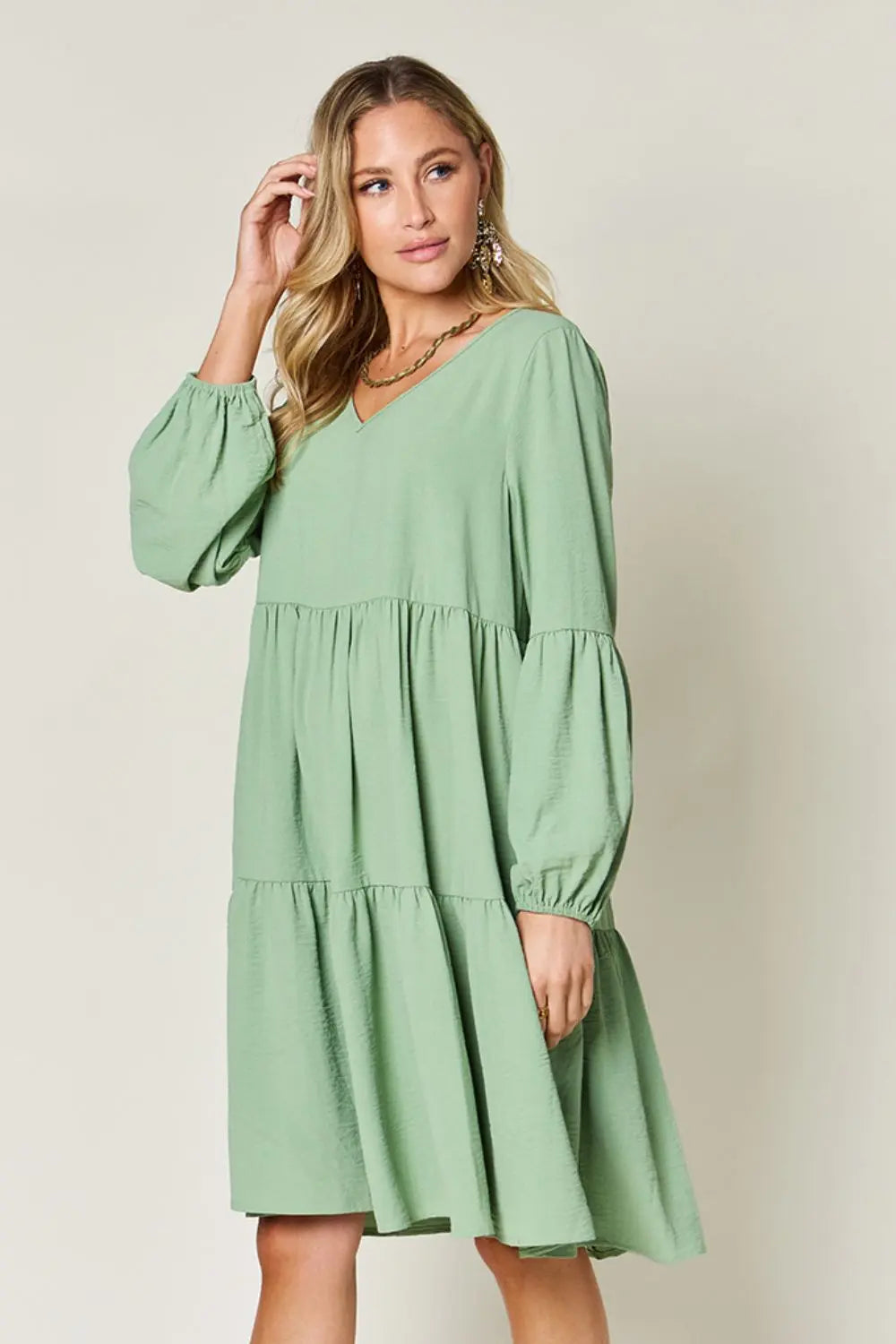  Full Size V-Neck Balloon Sleeve Tiered Dress -BazaarBey - www.shopbazaarbey.com