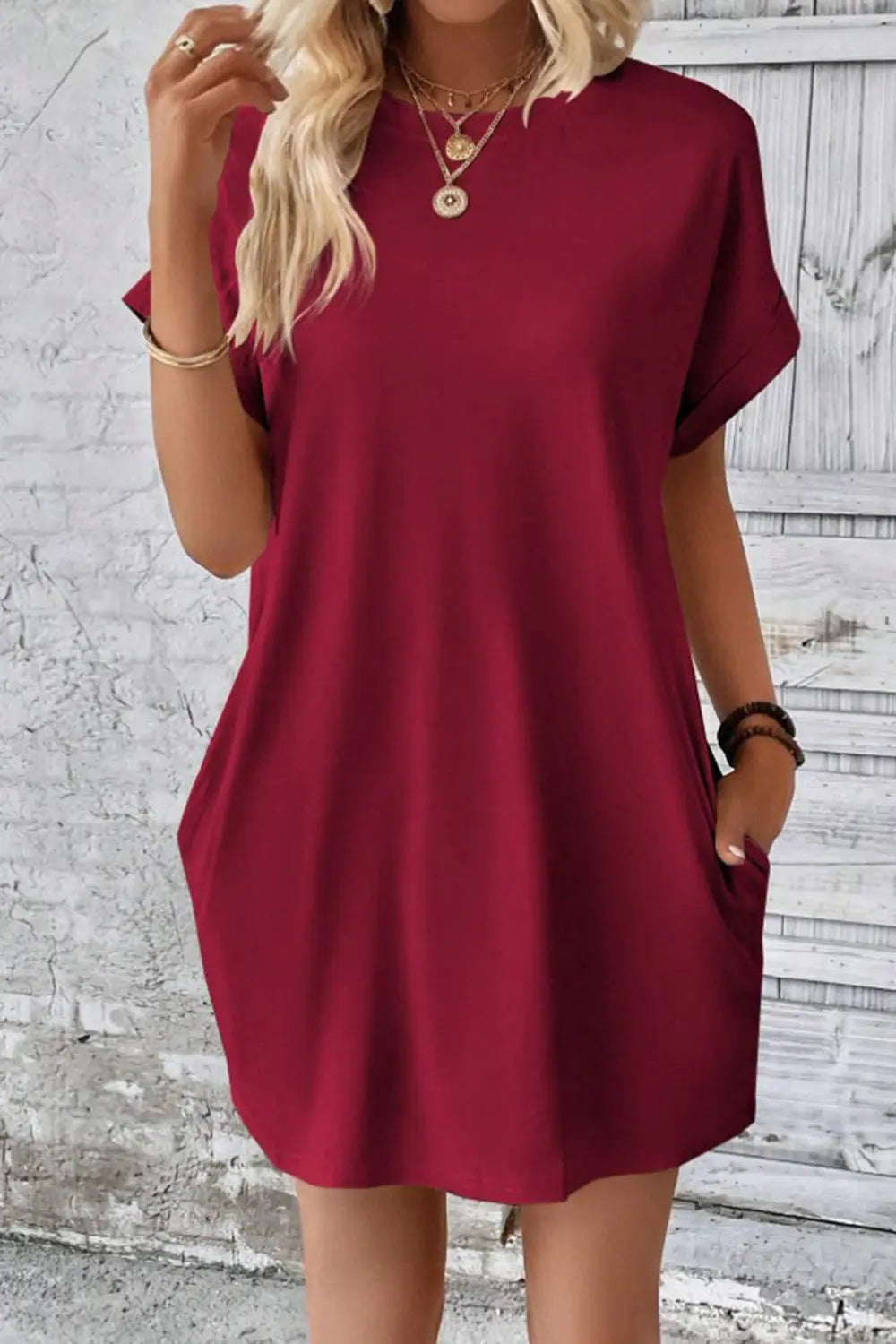 Pocketed Round Neck Short Sleeve Dress -BazaarBey - www.shopbazaarbey.com