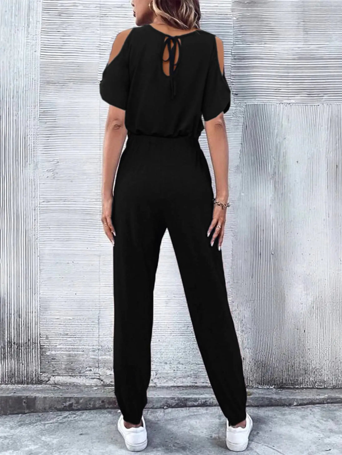 V-Neck Cold-Shoulder Jumpsuit with Pockets Trendsi