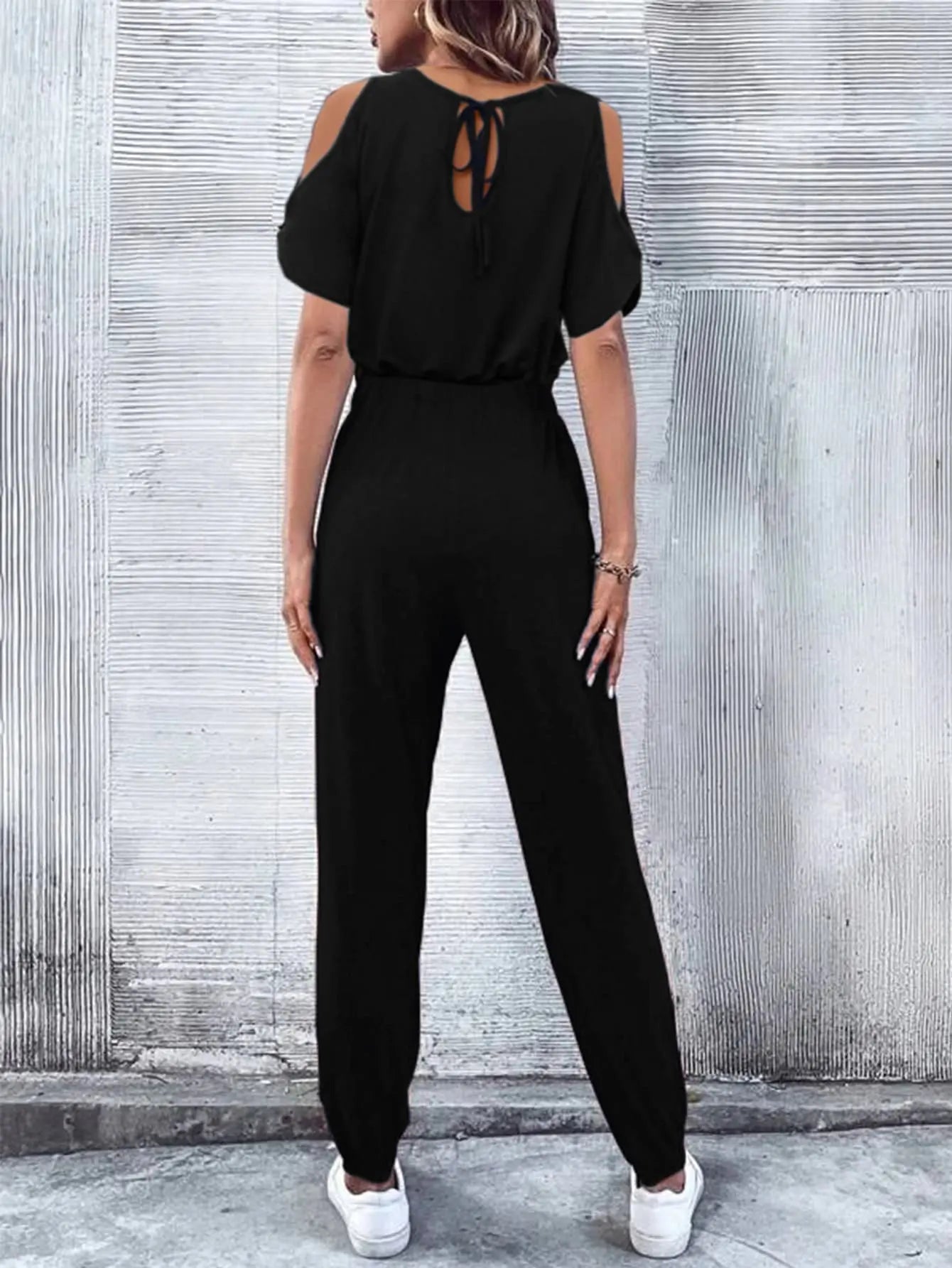 V-Neck Cold-Shoulder Jumpsuit with Pockets Trendsi