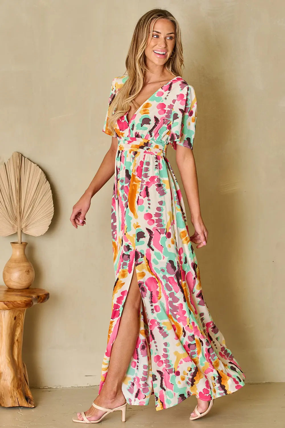 Slit Printed  Short Sleeve Maxi Dress -BazaarBey - www.shopbazaarbey.com