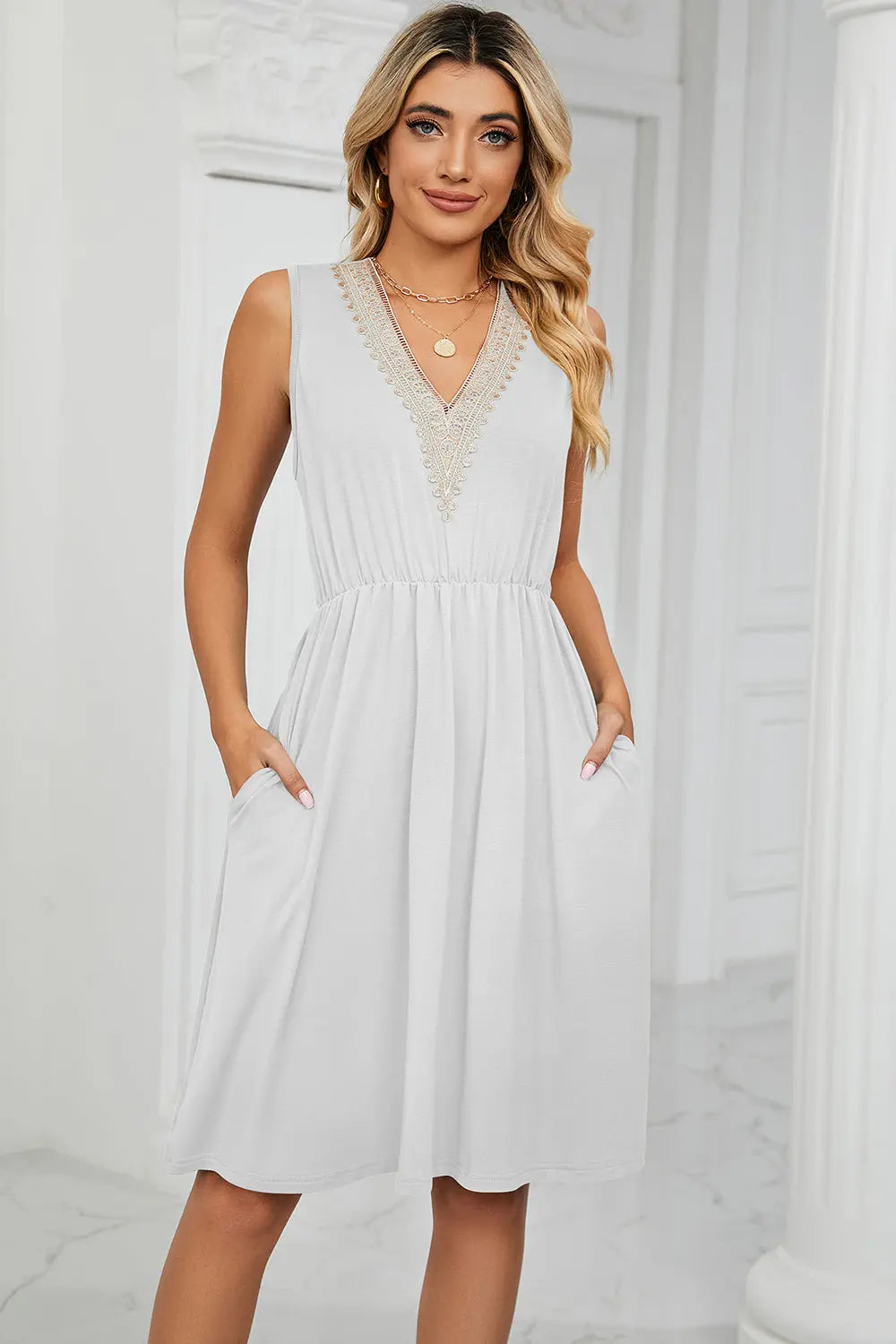 Pocketed V-Neck Wide Strap Dress -BazaarBey - www.shopbazaarbey.com