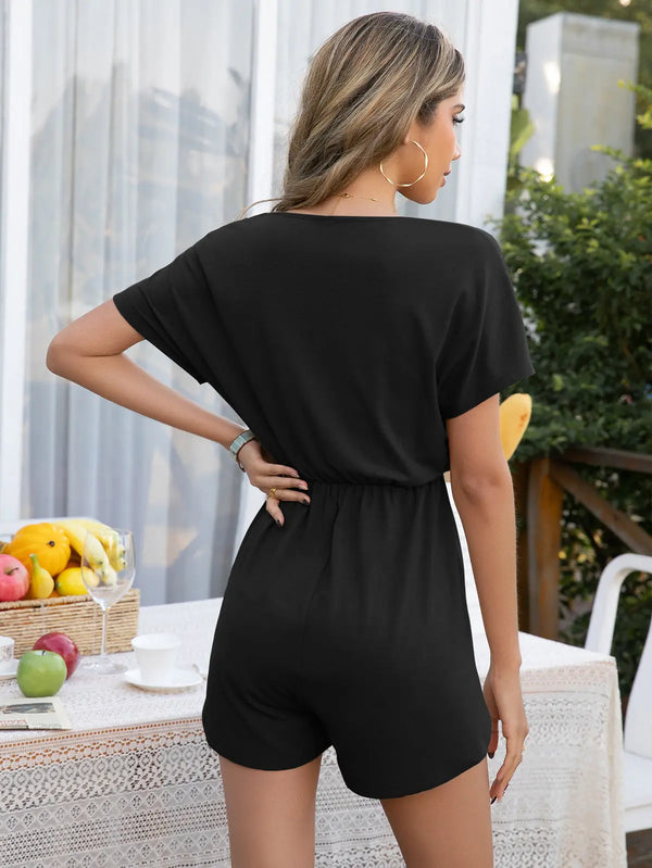 Decorative Button Round Neck Short Sleeve Romper Trendsi