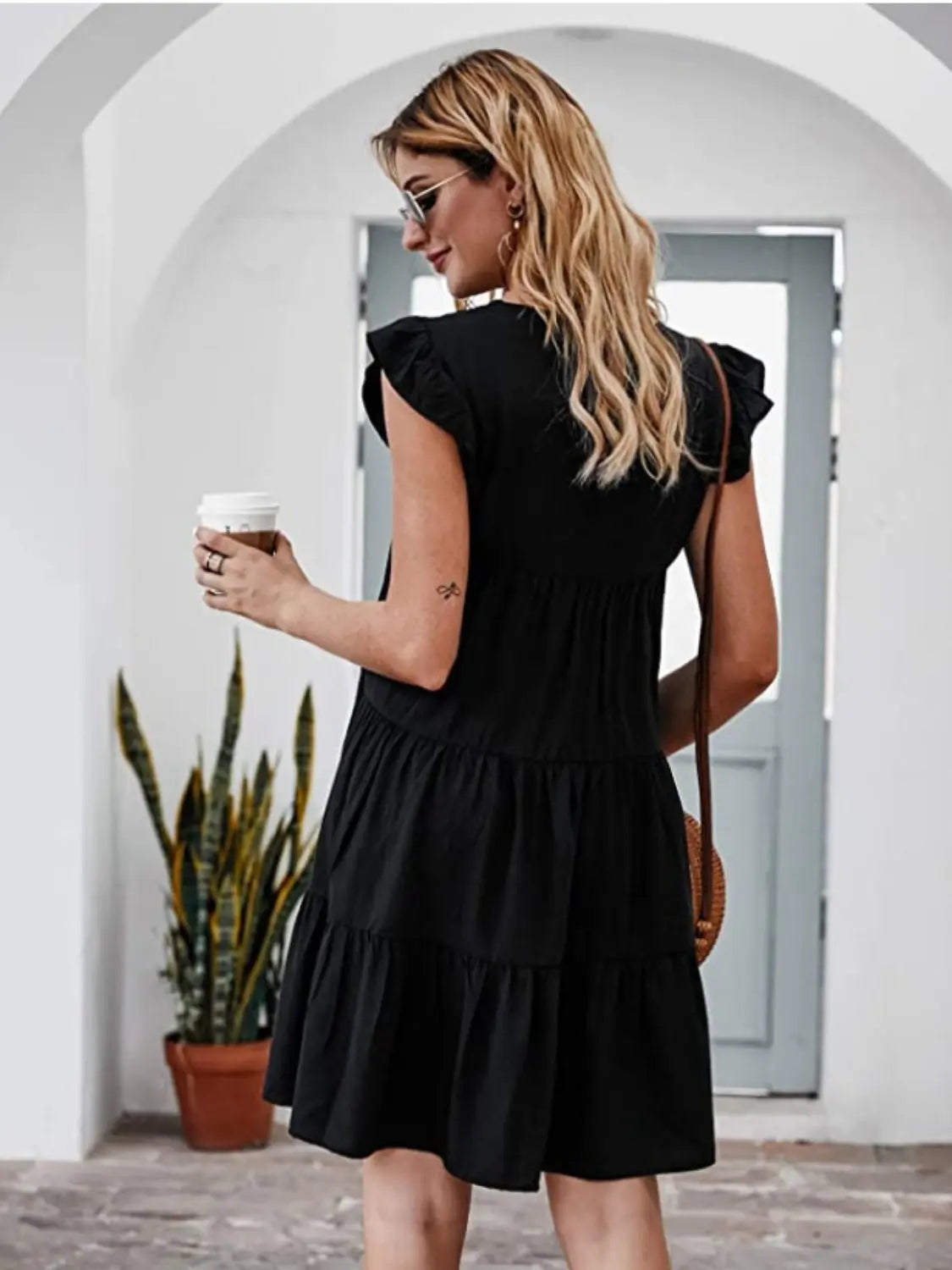 Ruffled Round Neck Cap Sleeve Mini Dress -BazaarBey - www.shopbazaarbey.com